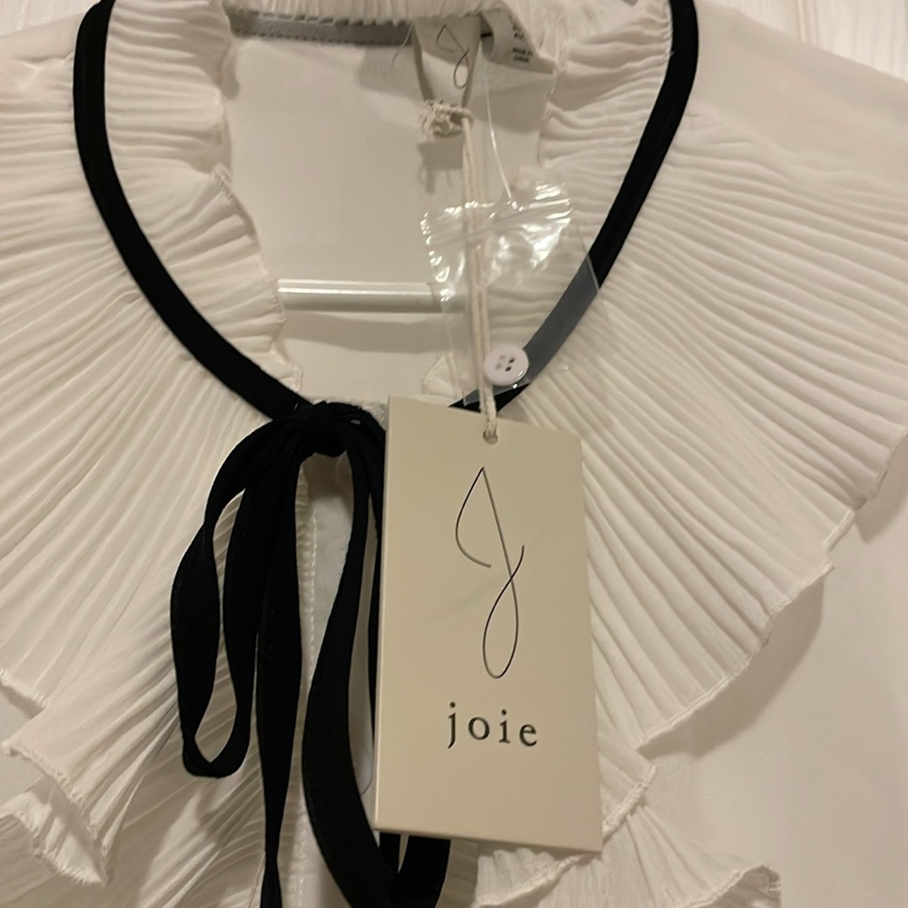 Joie white pleated ruffle sheer button up white blouse with black neck tie - Picture 4 of 7